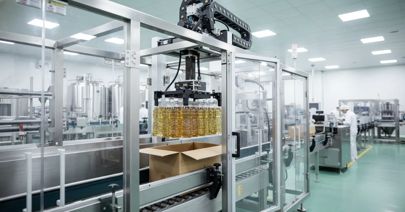 High-tech automated case packing line by CasePackerPro with robotic arms handling bottles and pouches