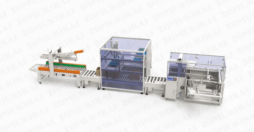ZC-PP400 pick and place case packing machine using vacuum suction to load bagged products into cartons