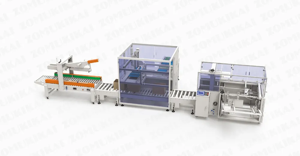 ZC-PP400 pick and place case packing machine using vacuum suction to load bagged products into cartons