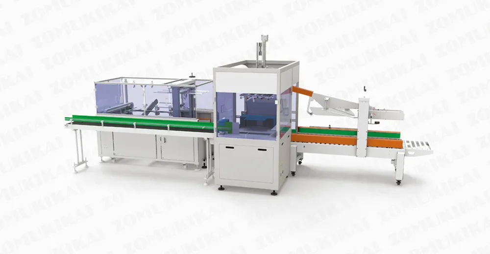 Side load case packer machine pushing products into cartons