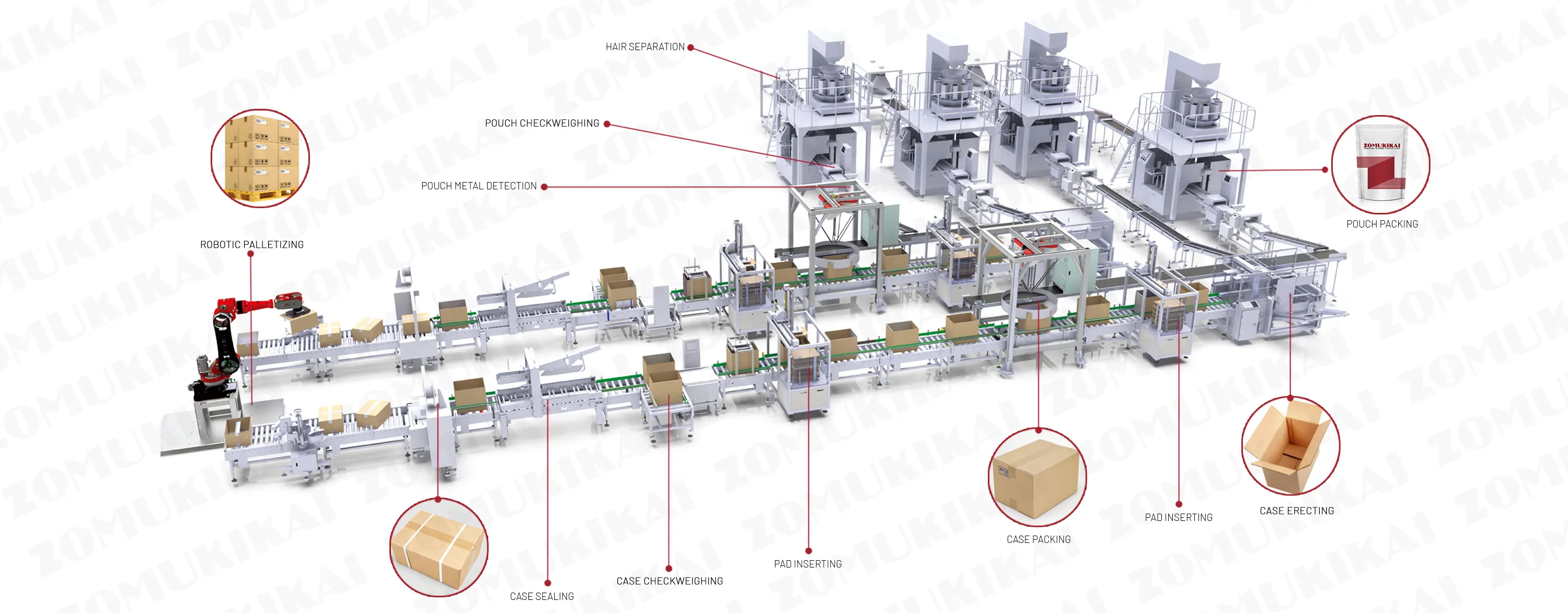 Stand up pouch packing line with case packing system and palletizing