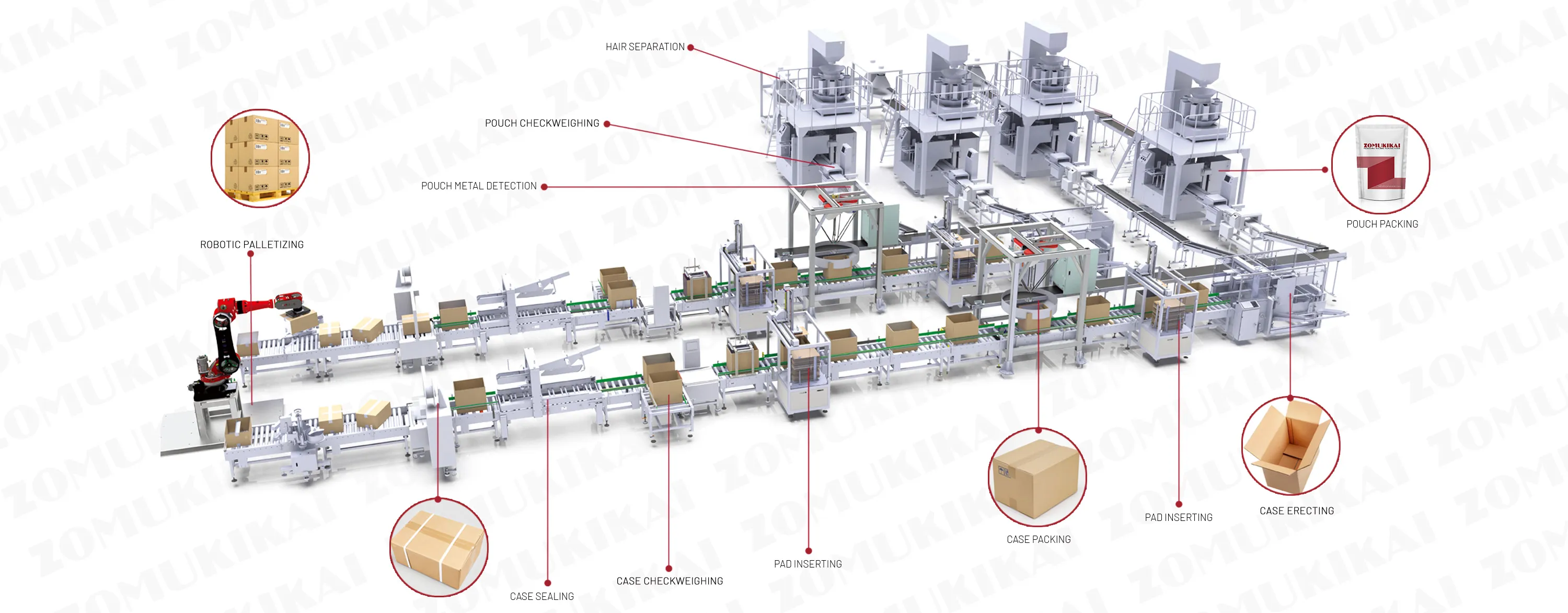 Stand up pouch packing line with case packing system and palletizing