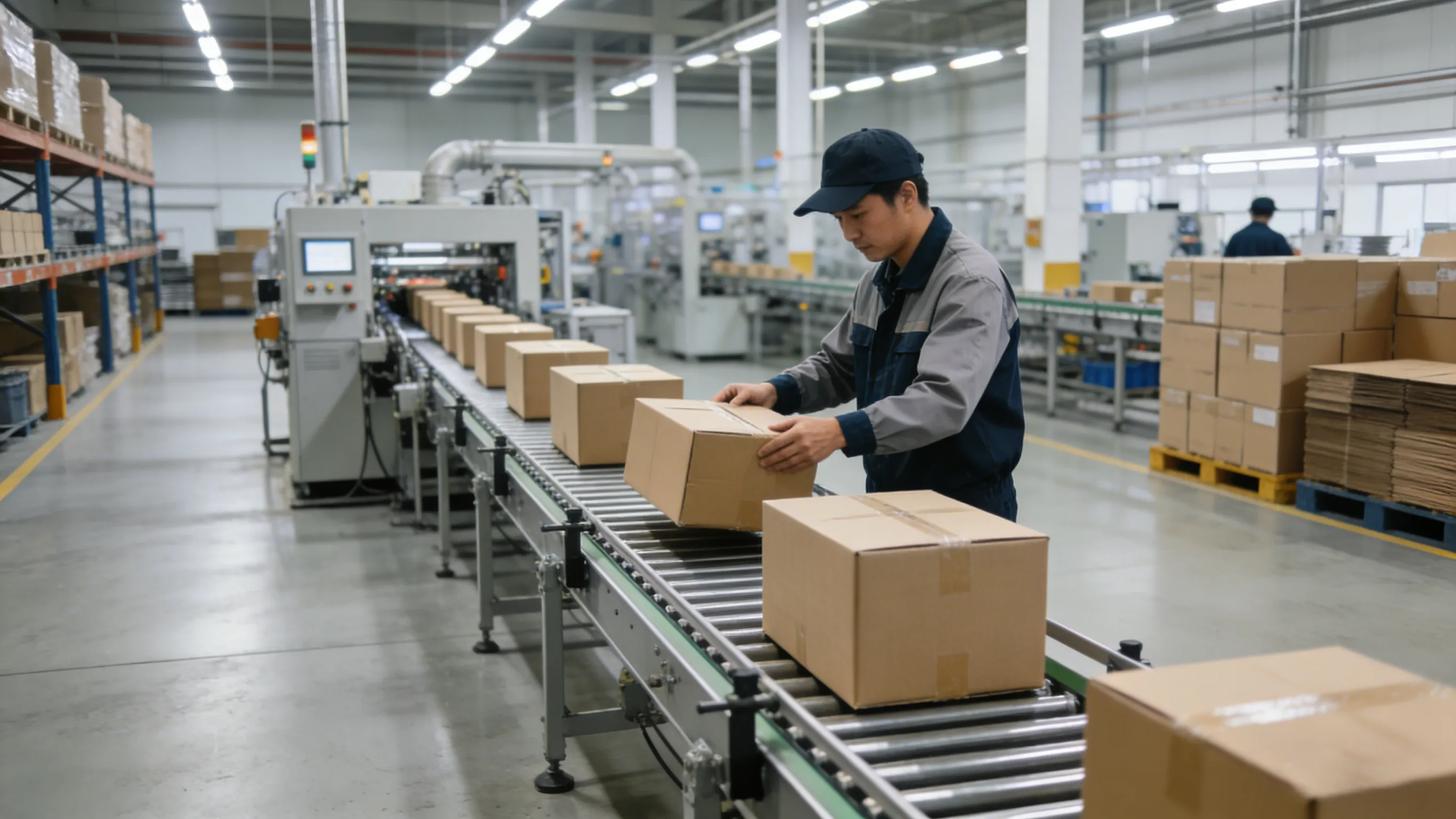 Clean modern packaging workshop with conveyor belts and orderly production line