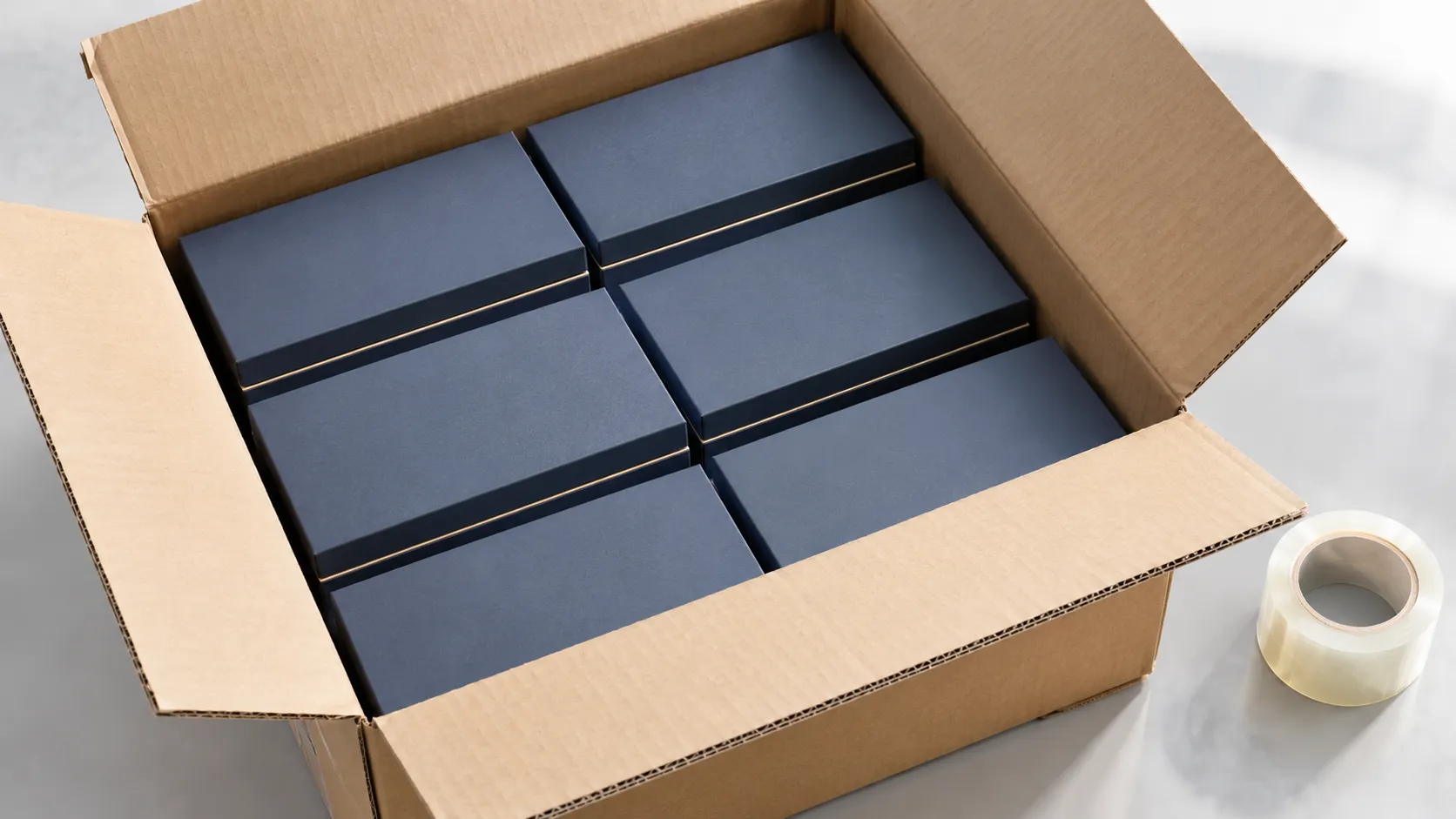 Robotic arm with vacuum suction cups packing premium gift boxes into a corrugated shipping carton.